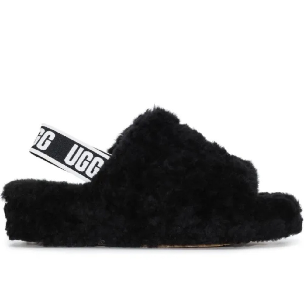 UGG Black Fluff Slide Sandals with Branded Heel Strap